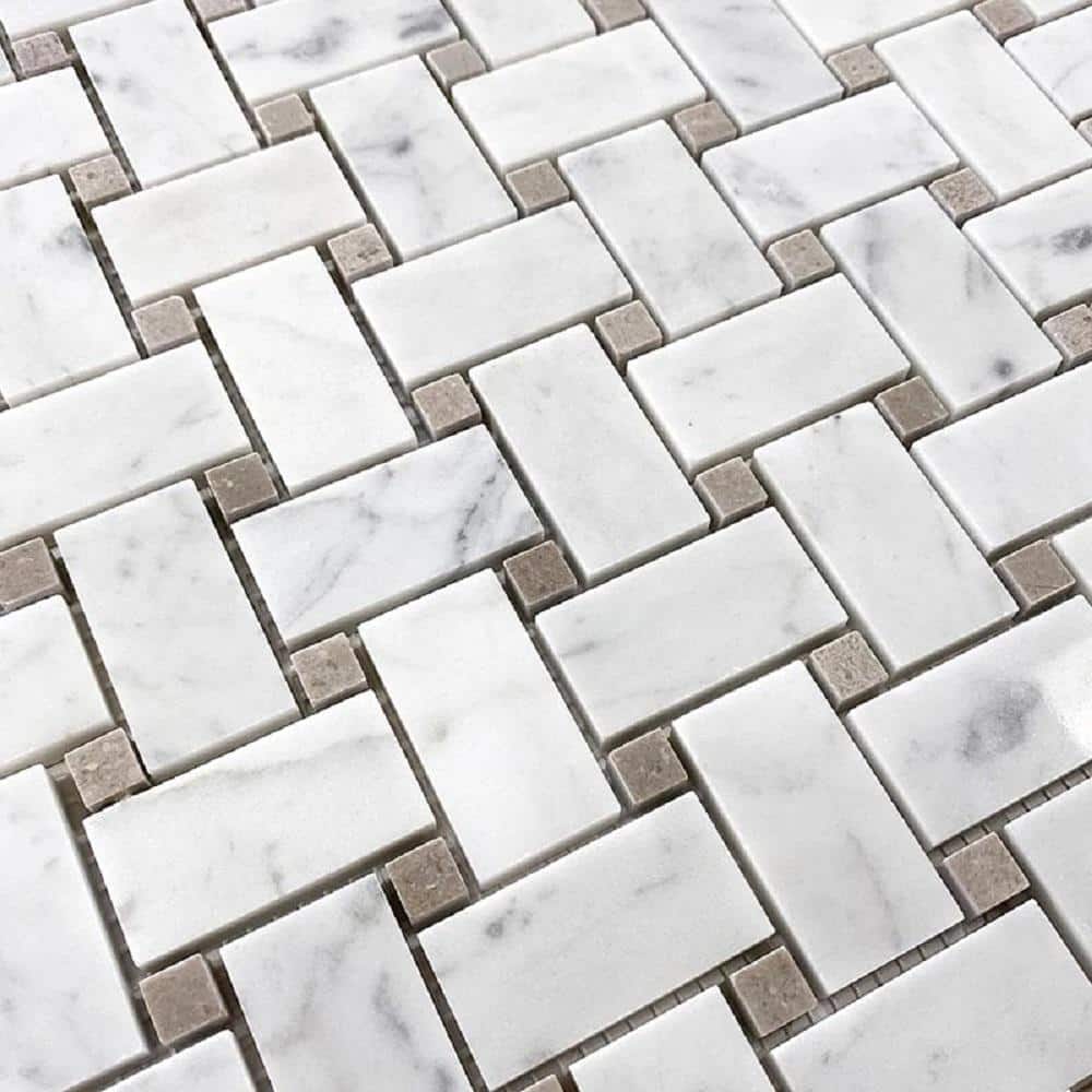 White and Beige Basketweave Polished Marble Mosaic Tile