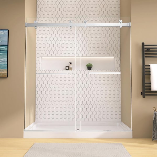 NTQ 60 in. W. x 76 in. H Frameless Double Sliding Alcove Bypass Glass Shower Door 5/16 in. Tempered Glass in Brushed Nickel