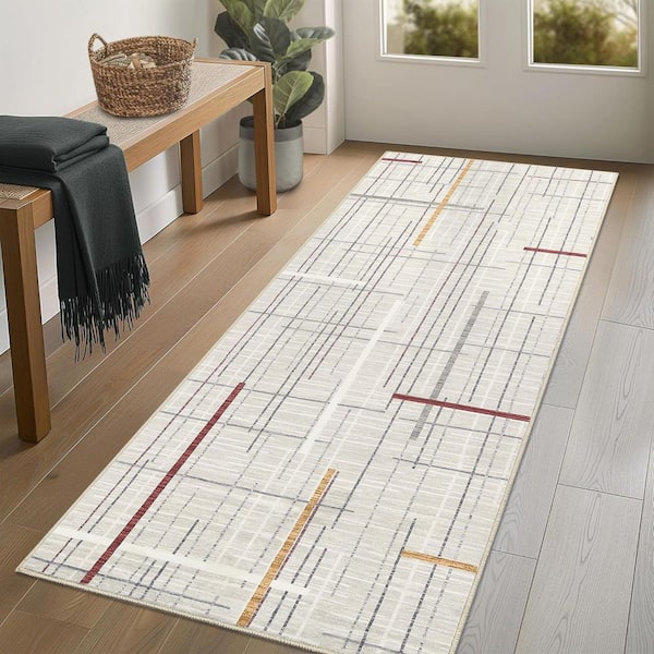 Striped Bedside Foldable Geometric Print Carpet Soft Thin Carpet Living Room Laundry Room Beige 2 ft. x 6 ft. Area Rug