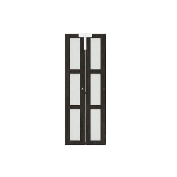 36 in. x 80 in. 3-lite Frosted Glass Solid Core Ancient Wood Color MDF Bi-fold Doors with Lock and Handle