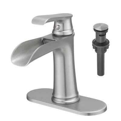 Single Handle Single Hole Bathroom Faucet Deck Plate Included, Pop Up Drain and Water Supply Hoses in Brushed Nickel