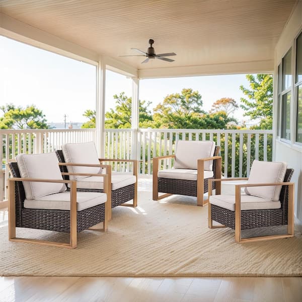 Gymojoy Allcot 4-Piece Brown Patio Wicker Conversation Set Outdoor Lounge Chair with CushionGuard Beige Cushions