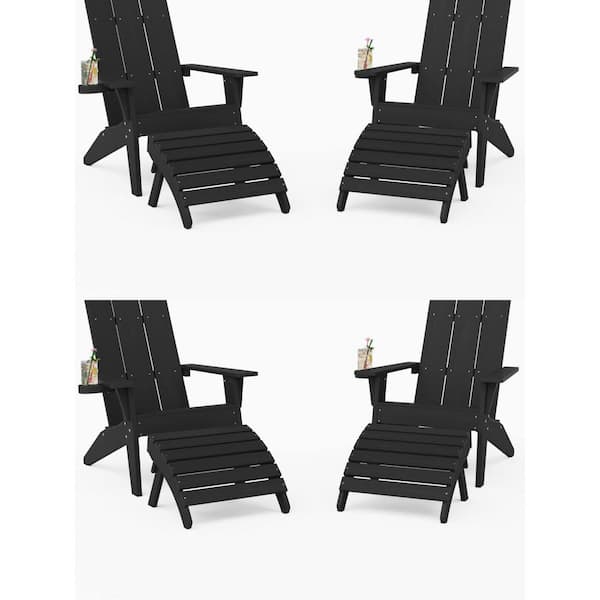 8-Piece Oversize Modern Black Plastic Outdoor Patio Adirondack Chair with Folding Ottoman Set (Set of 4)