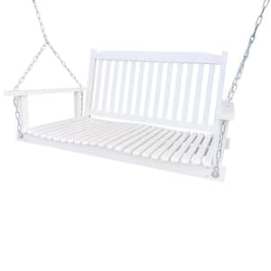 2-Person White Wood Outdoor Porch Swing with Armrests and Hanging Chains