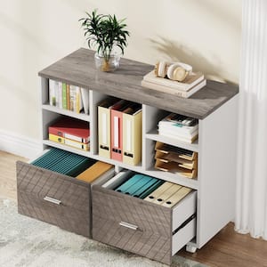 Atencio 2-Drawer Gray and White Wood 39.37 in. W Lateral Mobile File Cabinet with Open Storage Shelves and Casters