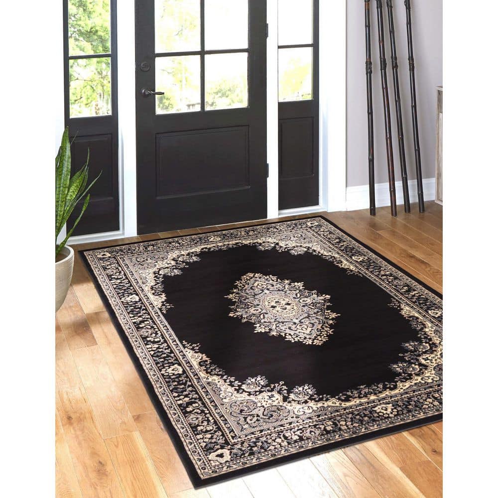 Black and Beige Medallion Synthetic 4' x 6' Area Rug