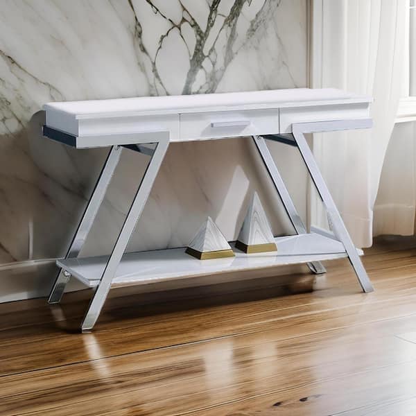 Benjara 15.75 in. White and Chrome Rectangle Wooden Console Table with Open Shelf and Chrome Frame