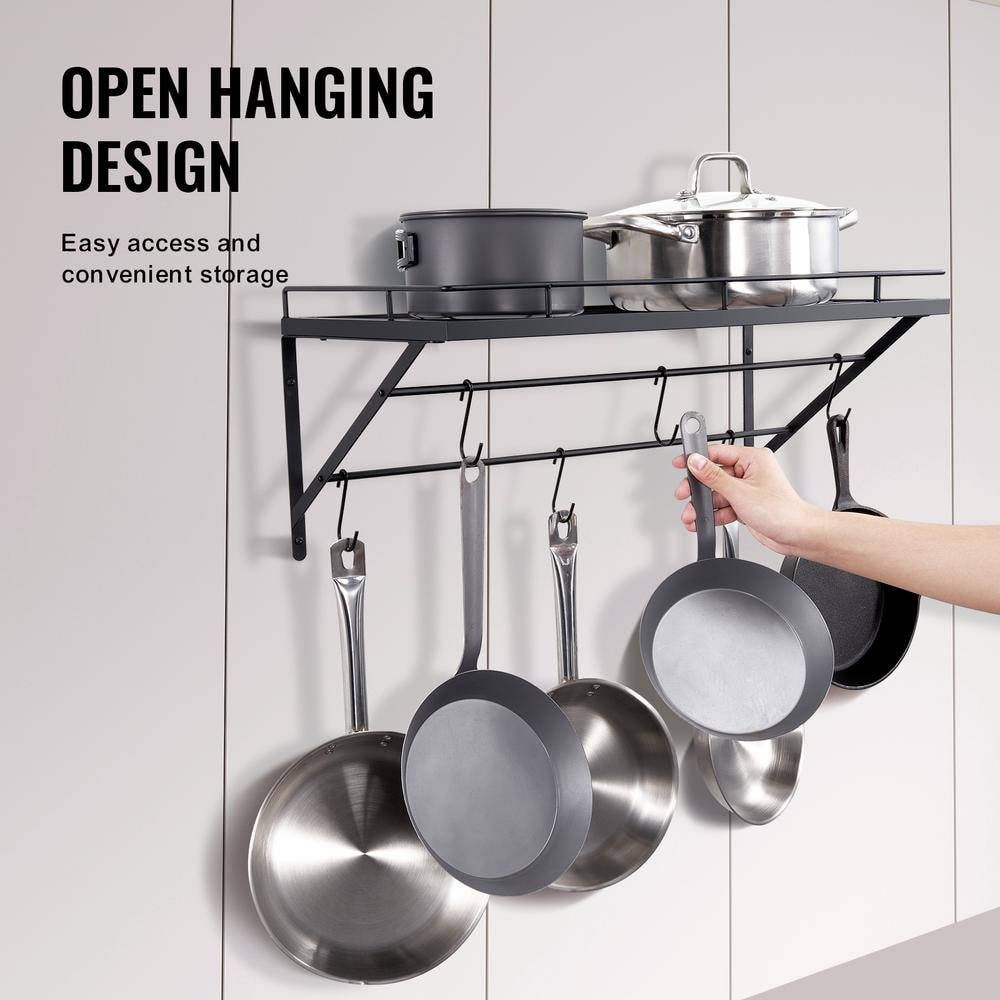 Black 24-Inch Wall-Mounted Metal Pot Rack with 12 Hooks