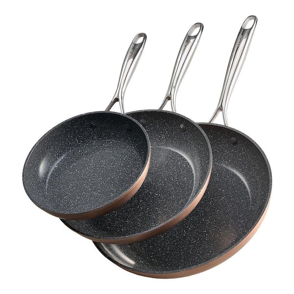 Frying Pan Skillet, 3-Piece Aluminum Egg Fry Pans, Nonsitck Ceramic Heavy-Duty Skillets with Heat-Resistant Handle, Grey