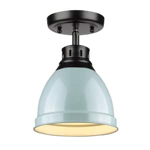 Duncan Collection 1-Light Black Flush Mount with Seafoam Shade