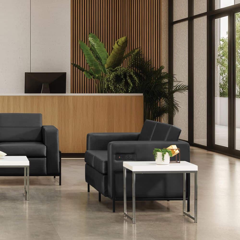 Arctic 30.75 in. Loveseat in Black Faux Leather with USB and USB-C Charging Stations, Black Metal Finish Legs