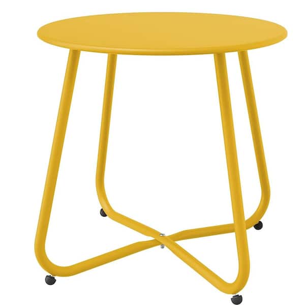 Boyel Living Round Metal Outdoor Side Table with Zinc-Coated Tabletop and Adjustable Feet in Yellow