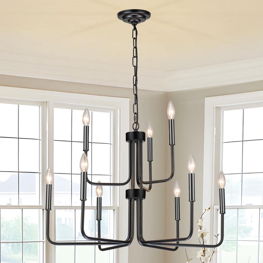 9-Light Modern Farmhouse Matte Black Double-Tier Candle Chandelier