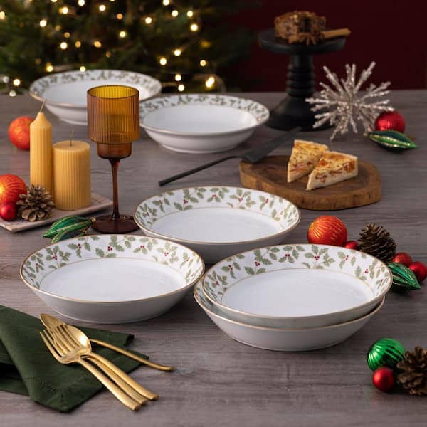 Holly & Berry Gold 9.75 in. 43 oz. (Gold) Porcelain Coupe Dinner Bowls (Set of 4)
