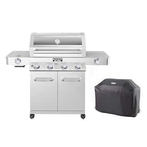 4-Burner Propane Gas Grill in Stainless with Grill Cover, Clear View Lid, LED Controls, Side and Sear Burners