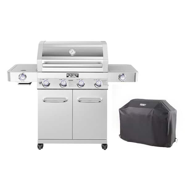 4-Burner Propane Gas Grill in Stainless with Grill Cover, Clear View Lid, LED Controls, Side and Sear Burners