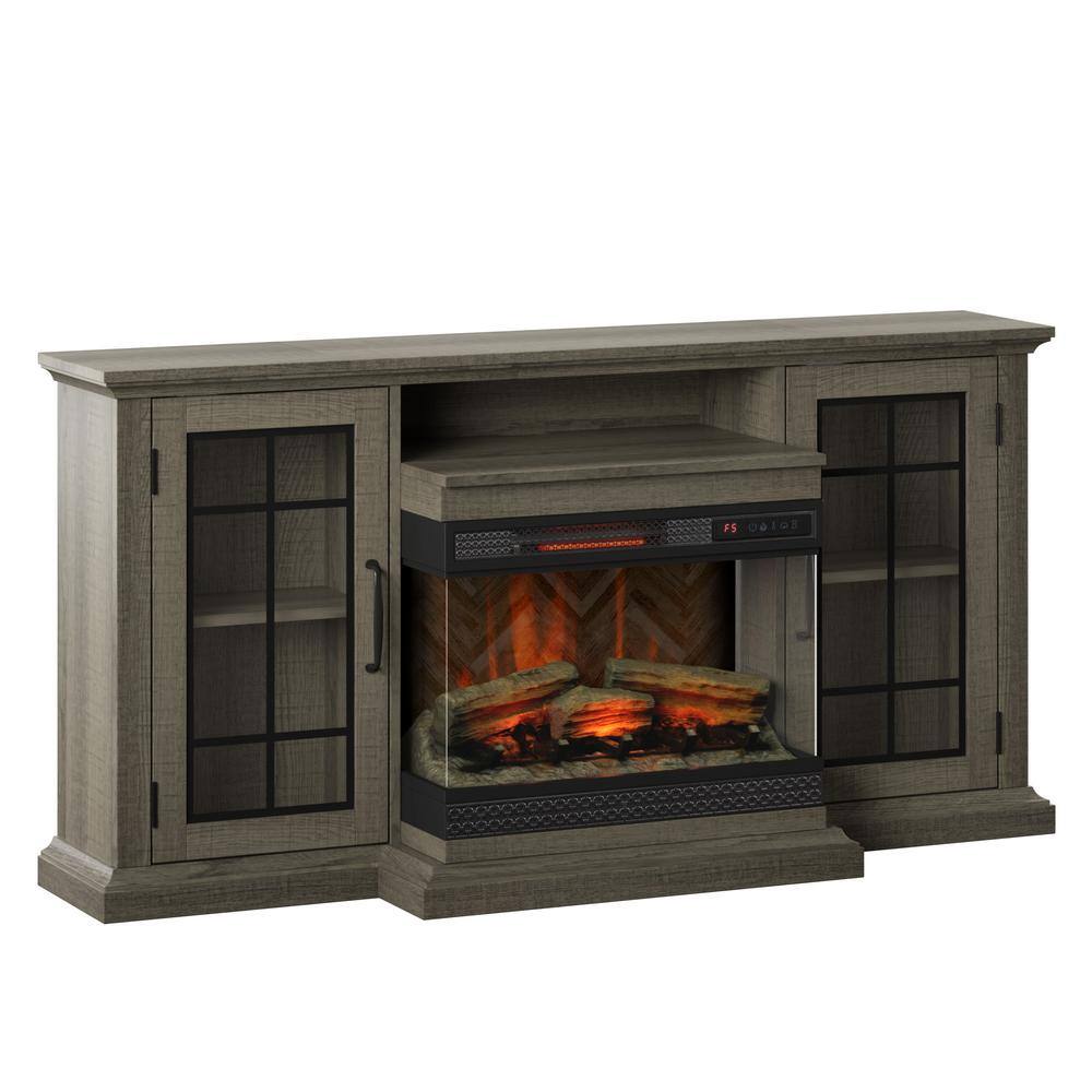 Saw Cut Oak TV Stand with Panorama Electric Fireplace and Glass Cabinets