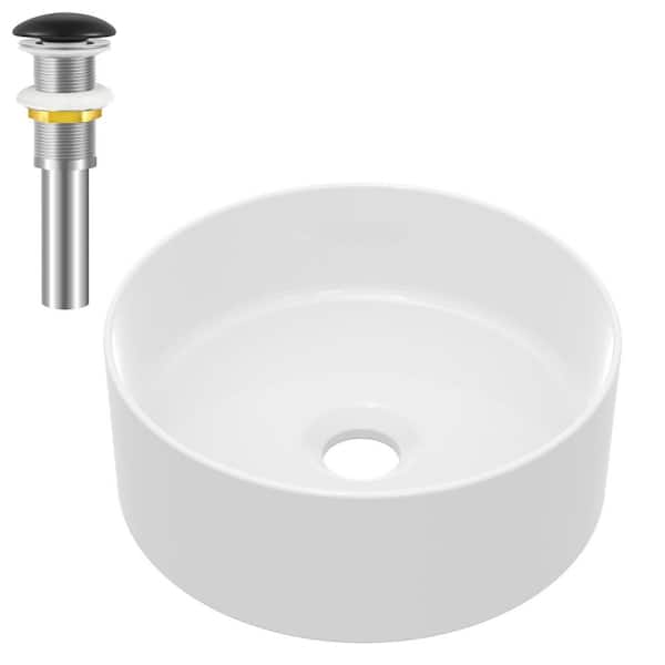 yulika Round Sink 12 in . Bathroom Sink Ceramic Vessel Sink with Pop-Up Drain in White and Black