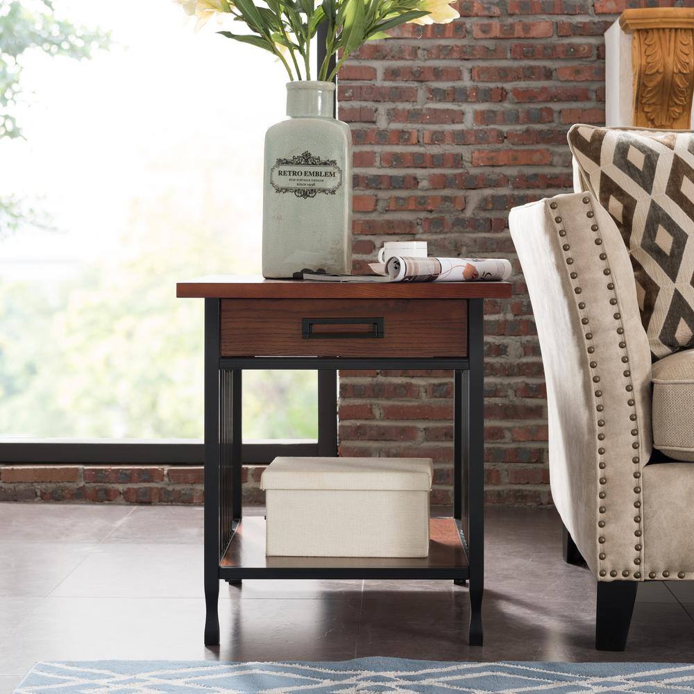 Ironcraft Mission Oak & Matte Black Wood End Table with Drawer