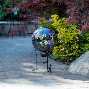 Outdoor Solar Powered Glass Mosaic Gazing Globe with Metal Stand Yard Decoration, Purple