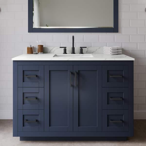 Wyndham Collection Miranda 48 in. W x 22 in. D x 33.75 in. H Single Bath Vanity in Dark Blue with Giotto Quartz Top and 46 in. Mirror