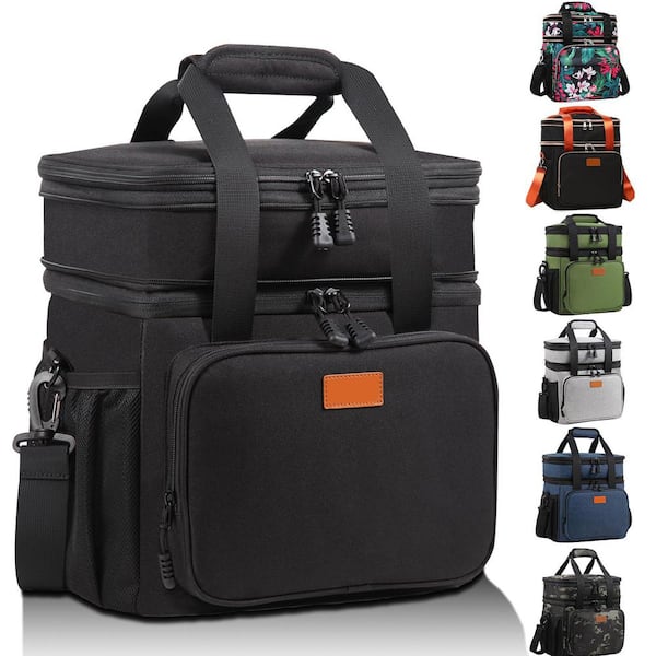 Black Lunch Bag, Large Capacity Expandable, 20 Can, Dual Compartments