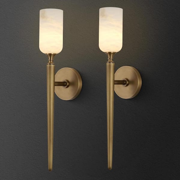 PUYRNF 2-Light 4.7 in. Brass Alabaster Wall Sconces with Alabaster Shades, Vanity Lights, Bathroom Lighting (Bulbs included)