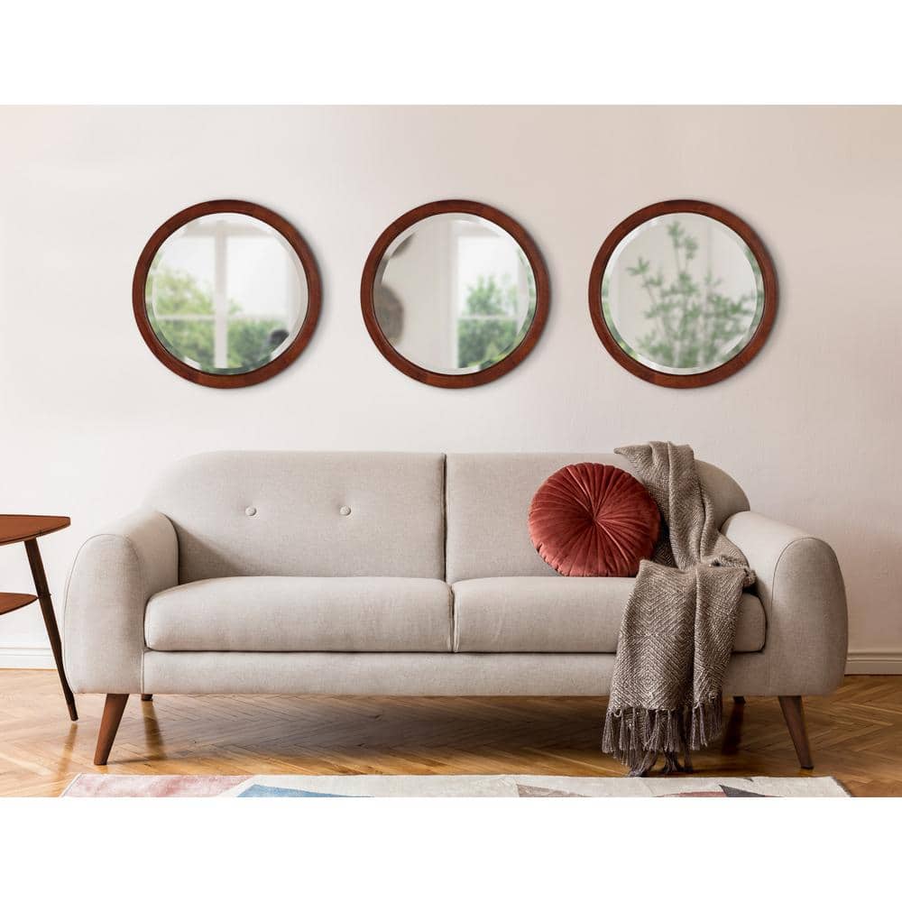 22" Round Walnut Brown Solid Poplar Wood Framed Wall Mirror