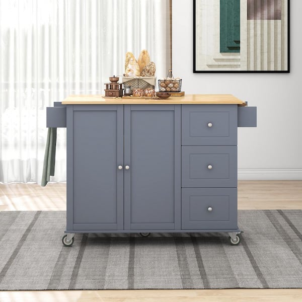 Zeus & Ruta Grey Blue Solid Wood 52.7 in. Kitchen Island with Drawers and Drop-Leaf