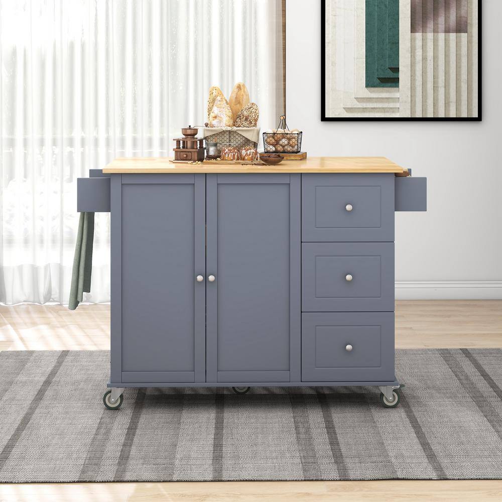 Zeus & Ruta Grey Blue Solid Wood 52.7 in. Kitchen Island with Drawers ...