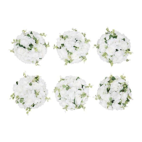 YIYIBYUS 7.48 in. White Indoor Artificial Silk Hydrangeas Roses Wedding Party Birthday Tabletop Centerpieces (Set of 6)