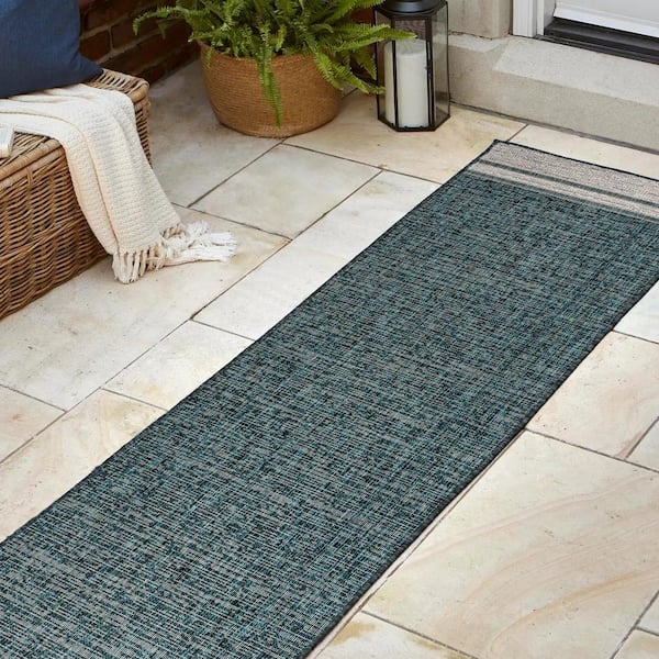 Alda Turquoise/Cream 2 ft. x 8 ft. Modern Minimalist Mingled Solid Indoor/Outdoor Runner Rug
