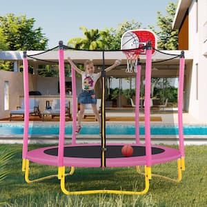 5.5 ft. Pink Round Mini Toddler Trampoline with Safety Enclosure and Basketball Hoop