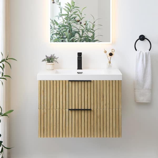 Livia 30 in.W Single Sink Floating Bath Vanity in Nature Brown with White Stone Top