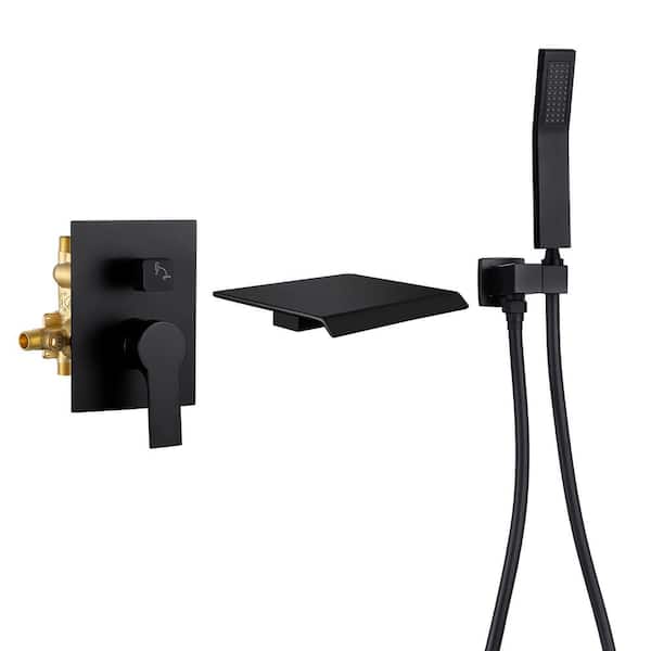 Unbranded Single-Handle Wall Mount Roman Tub Faucet with Hand Shower and Waterfall in Matte Black