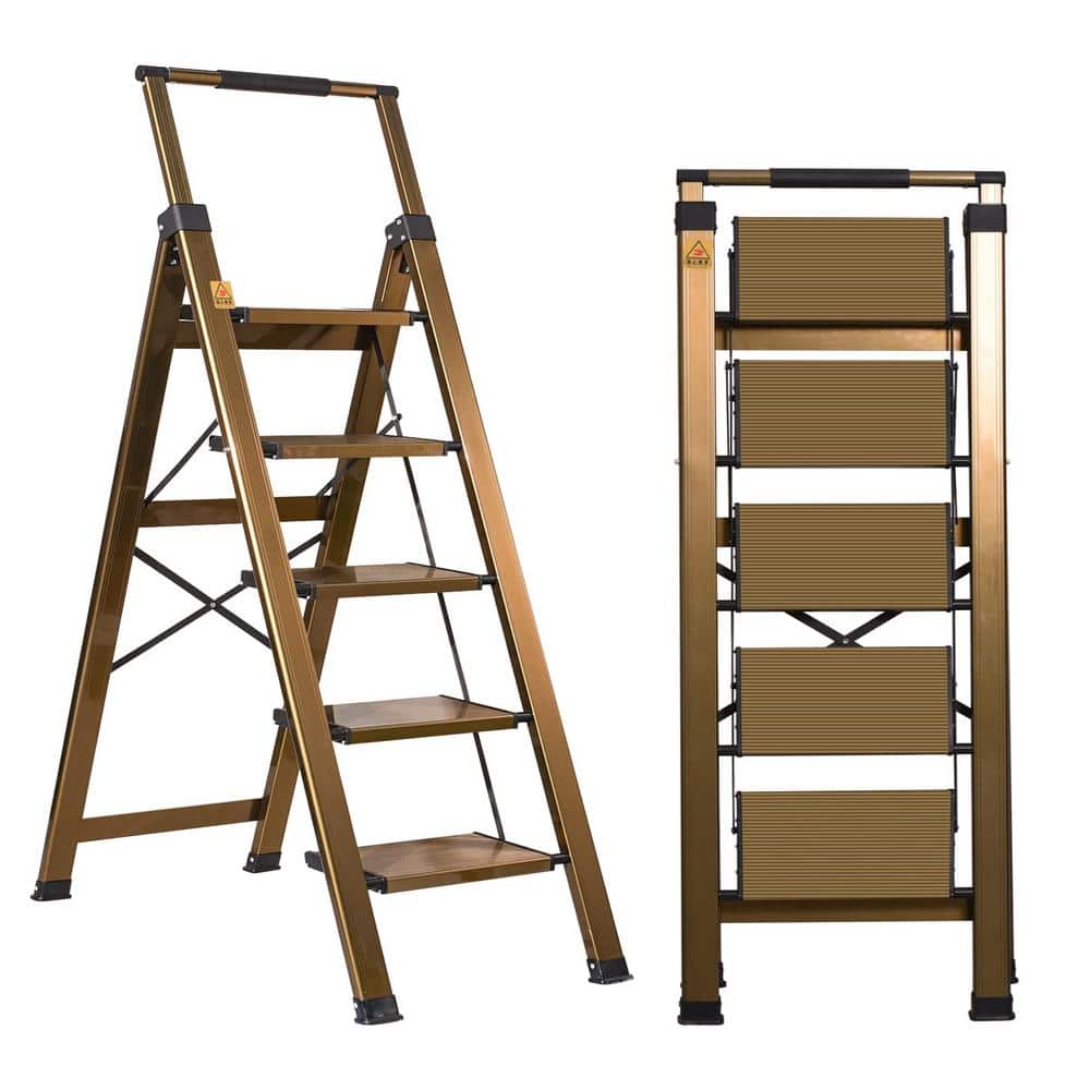 5 ft. Aluminum Brown Gold 5 Step Stool with Retractable Handrail, 330 lb. F