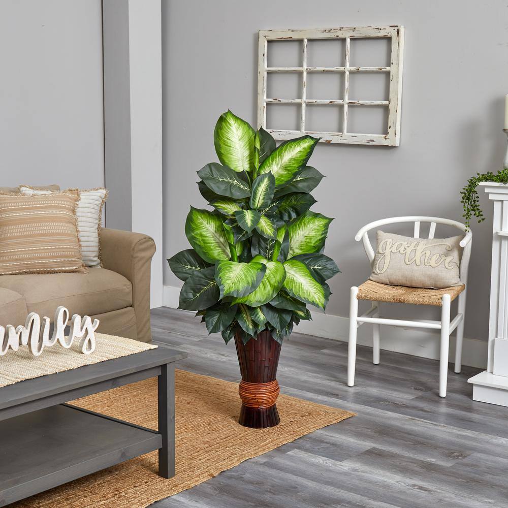 Lush 50" Golden Dieffenbachia Faux Floor Plant with Bamboo Planter