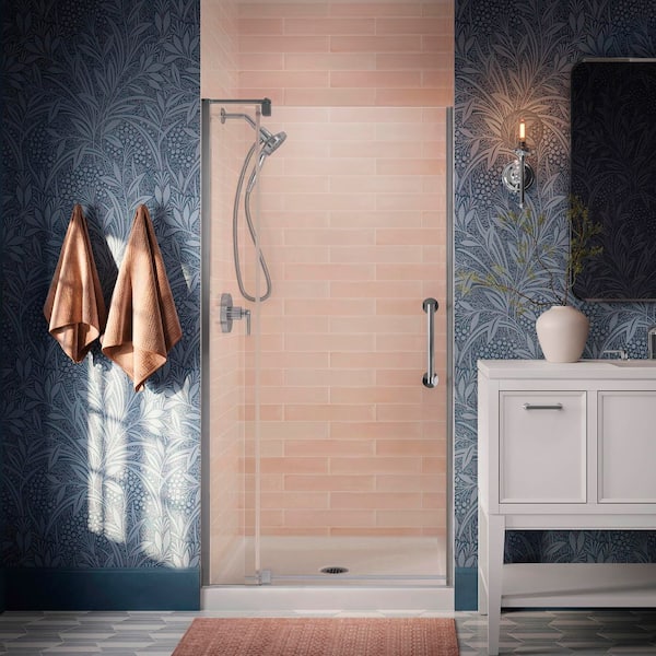 KOHLER Ashan 32-36 in. W x 70 in. H Frameless Pivot Shower Door in Polished Sliver with 1.4 in. Thick Crystal Clear Glass
