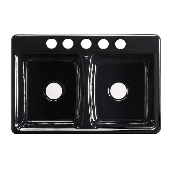 KOHLER Deerfield Self-Rimming Cast Iron 33x22x8.625 5-Hole Kitchen Sink in Black Black