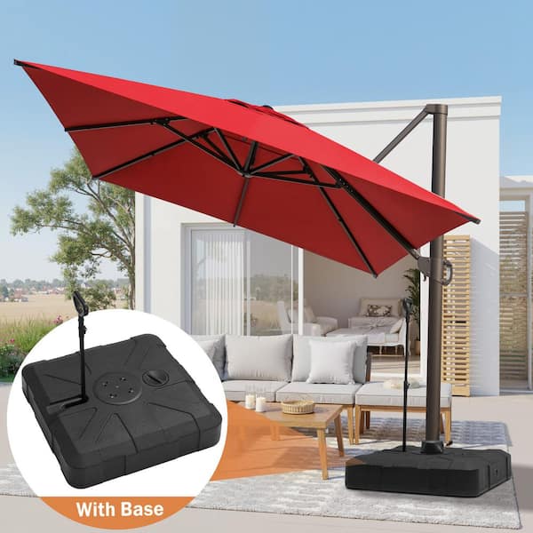 Pellebant 13 ft. x 10 ft. Rectangular Aluminum Cantilever Offset 360° Rotation Patio Umbrella in Red with 300 lbs. Wheeled Base