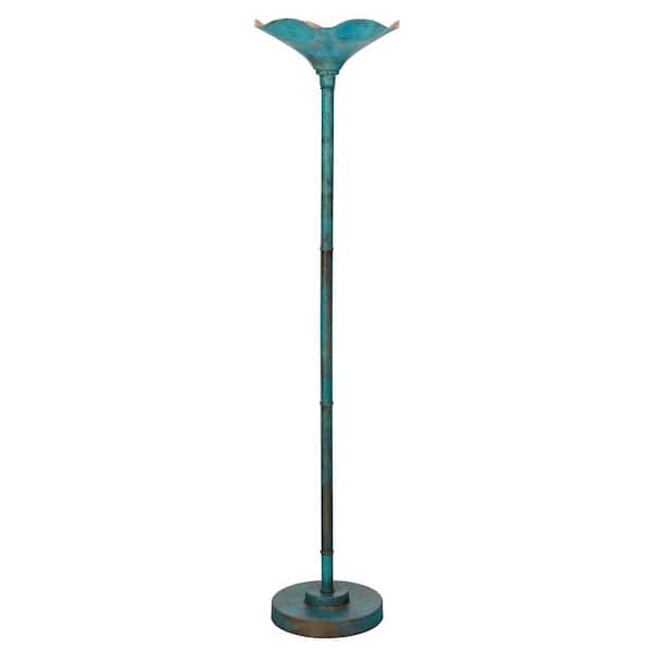 River of Goods Tabitha 62.5 in. Faux Blue Patina and Copper Metal Torchiere Floor Lamp with Metal Shade
