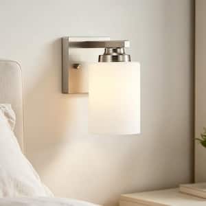 Aliana 4.25 in. 1-Light Brushed Nickel Indoor Bathroom Vanity Light Wall Sconce with Etched White Glass Shade