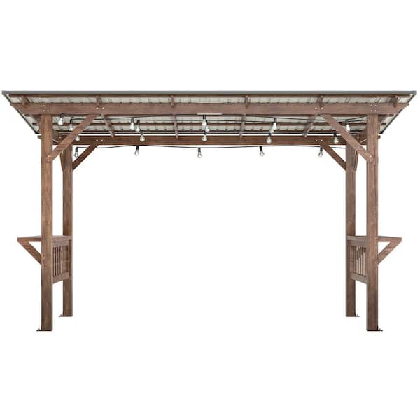 Outdoor 13 ft. W x 6.5 ft. D x 7.8 ft. H Wooden Pergola Grill Gazebo with Metal Roof,Bulbs,Bar Counters,for All Weather