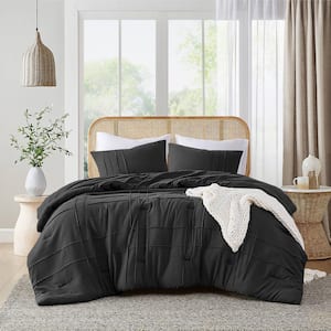 Porter 3-Piece Black Microfiber King Soft Washed Pleated Comforter Set