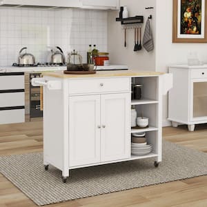 White Rolling Wood Tabletop 40 in. Kitchen Island with Lockable Wheels