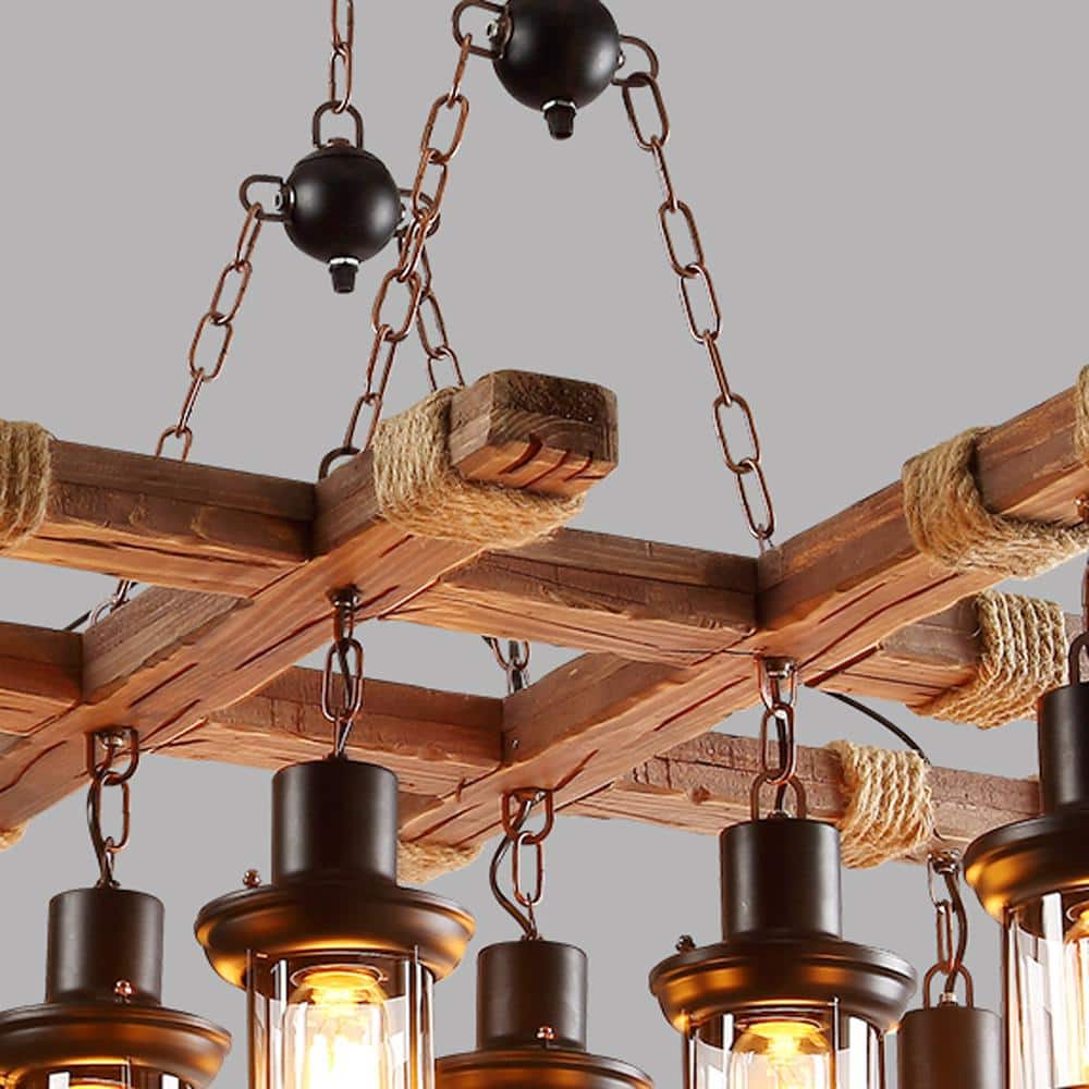 Rustic Brown Metal and Wood 8-Light Lantern Chandelier