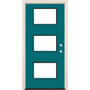 36 in. x 80 in. Left-Hand/Inswing 3-Lite Clear Glass Reef Painted Fiberglass Prehung Front Door w/4-9/16 in. Frame