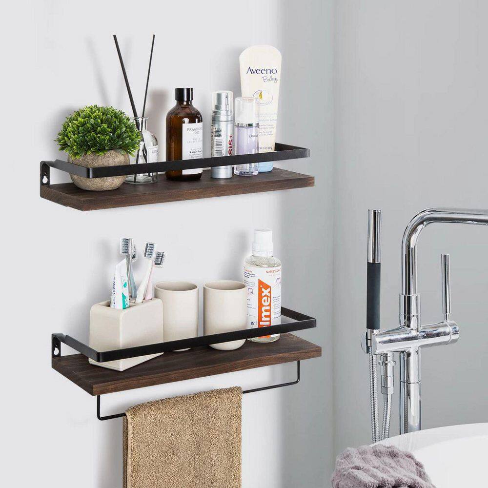 Brown Wood Floating Wall Shelves with Towel Rack
