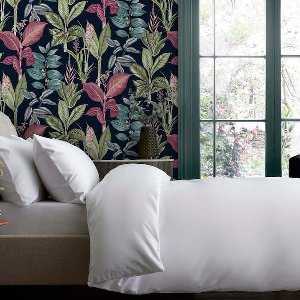 Fantasy Rainforest Leaves Navy Blue Wallpaper Sample