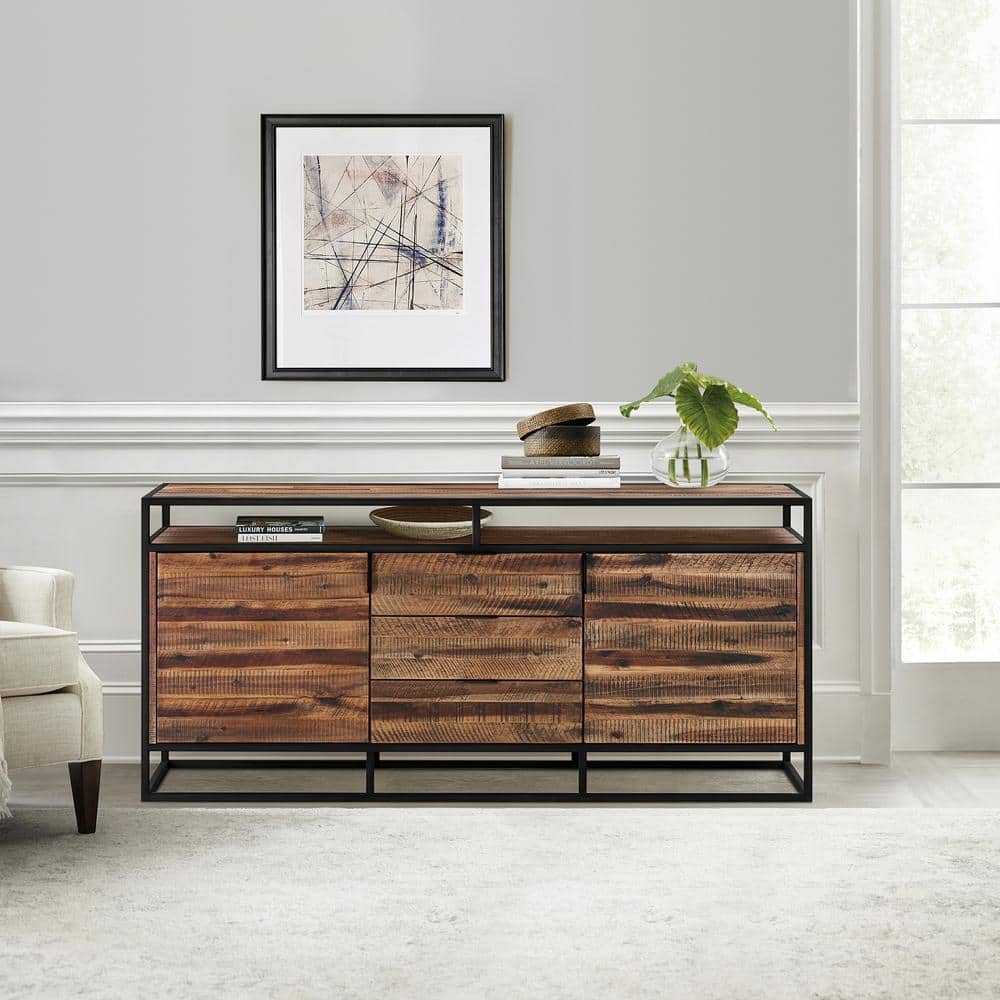 Ludgate Minimalist Acacia Wood & Black Metal 3-Drawer Sideboard Buffet